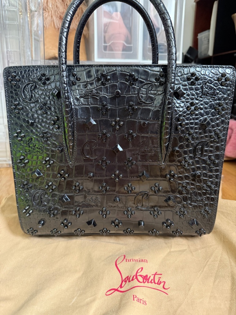Christian Louboutin Black Croc-Embossed Studded Top-Handle Satchel Paloma
